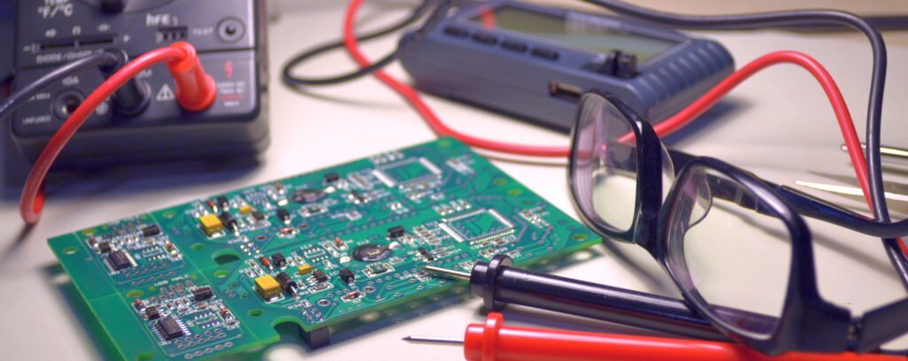 iElectron electronics workbench with circuit board and test equipment
